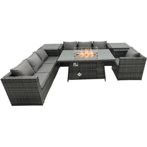 Fimous Rattan Gartenmöbel Set 7-Sitzer Garten Sofa Gas Feuertisch Set mit 2 Beistelltisch