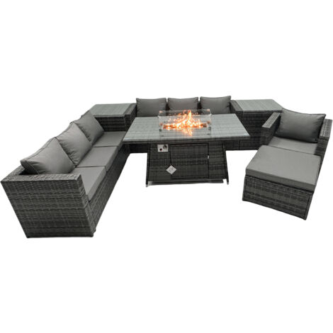 Fimous Rattan Gartenmöbel Set 8-Sitzer Garten Sofa Gas Feuertisch Set mit 2 Beistelltisch 2 Großer Hockern