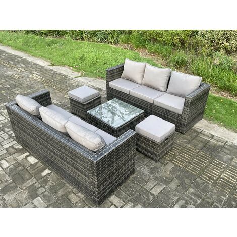 Fimous Rattan Gartenmöbel Set 8-Sitzer Patio Lounge Sofa Set im Freien mit quadratischem Couchtisch 2 Kleine Fußhocker Dunkelgrau Gemischt