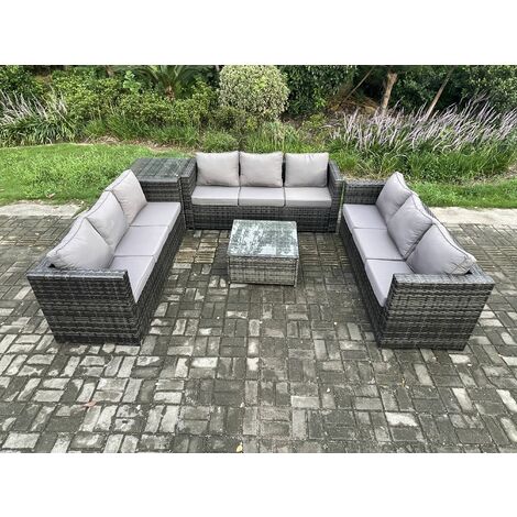 Fimous Rattan Gartenmöbel Set 9-Sitzer Patio Lounge Sofa Set im Freien mit Beistelltisch Quadratischer Couchtisch Dunkelgrau Gemischt