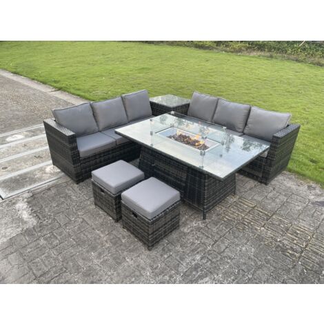 Fimous Rattan Gartenmöbel Set Gasfeuerstelle Esstisch Sets Lounge kleinen Hockern Dark Grau 8-Sitzer