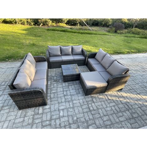 Fimous Rattan Gartenmöbel Set im Balkon 10-Sitzer Garten Sofa Set mit Quadratischer Couchtisch 2 Großer Hockern