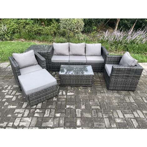 Fimous Rattan Gartenmöbel Set mit 3-Sitzer Sofa Couchtisch Beistelltisch 2 Sessel Fußhocker Indoor Outdoor Patio Lounge Sofa Set Dunkelgrau Gemischt