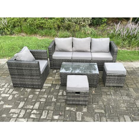 Fimous Rattan Gartenmöbel Set mit 3-Sitzer Sofa Couchtisch Sessel 2 Kleine Hocker Indoor Outdoor Patio Lounge Sofa Set Dunkelgrau Gemischt