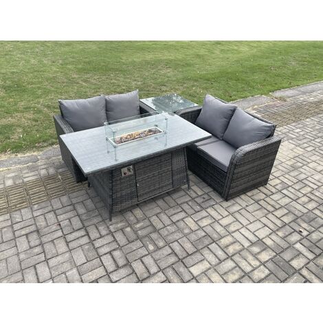 Fimous Rattan Gartenmöbel Set mit Gas Feuergrube Tisch 4-Stücke Outdoor Loveseat Sofa Set Dunkelgrau Gemischt