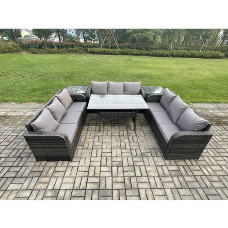Fimous Rattan Gartenmöbel-Set mit Langer rechteckiger Esstisch 2 Beistelltischen 9 Sitzer Outdoor Garten Sofa Set Dunkelgrau gemischt
