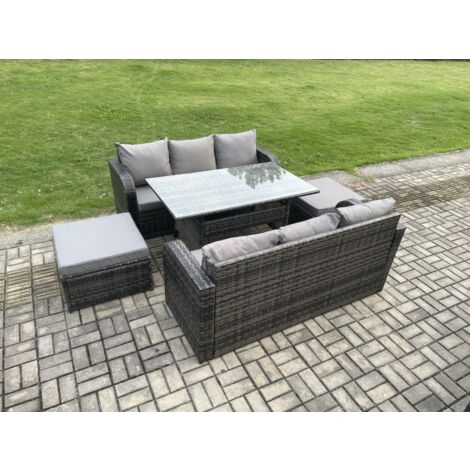 Fimous Rattan Gartenmöbel-Set mit Langer rechteckiger Esstisch 2 Großer Hockern 5 Stücke Outdoor Garten Sofa Set Dunkelgrau gemischt