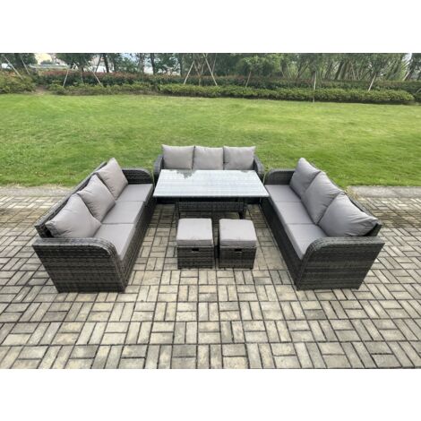 Fimous Rattan Gartenmöbel-Set mit Langer rechteckiger Esstisch 2 kleine Fußhockern 11 Sitzer Outdoor Garten Sofa Set Dunkelgrau gemischt