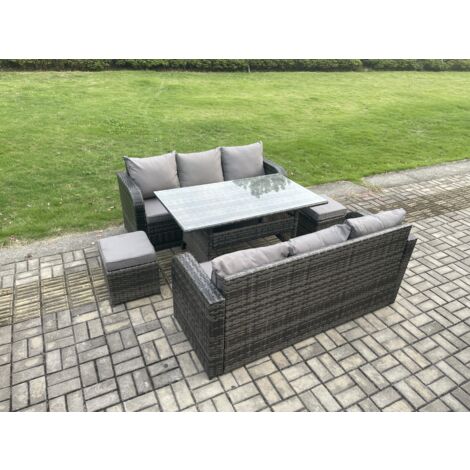 Fimous Rattan Gartenmöbel-Set mit Langer rechteckiger Esstisch 2 kleine Fußhockern 8 Sitzer Outdoor Garten Sofa Set Dunkelgrau gemischt