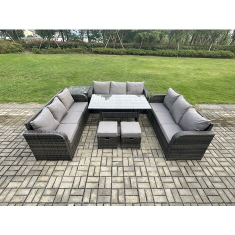 Fimous Rattan Gartenmöbel-Set mit Langer rechteckiger Esstisch 2 kleine Fußhockern Beistelltisch 11 Sitzer Outdoor Garten Sofa Set Dunkelgrau gemischt