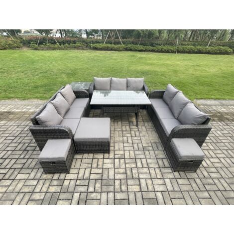 Fimous Rattan Gartenmöbel-Set mit Langer rechteckiger Esstisch 3 Fußhockern Beistelltisch 11 Sitzer Outdoor Garten Sofa Set Dunkelgrau gemischt
