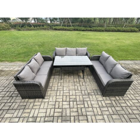 Fimous Rattan Gartenmöbel-Set mit Langer rechteckiger Esstisch 9 Sitzer Outdoor Garten Sofa Set Dunkelgrau gemischt