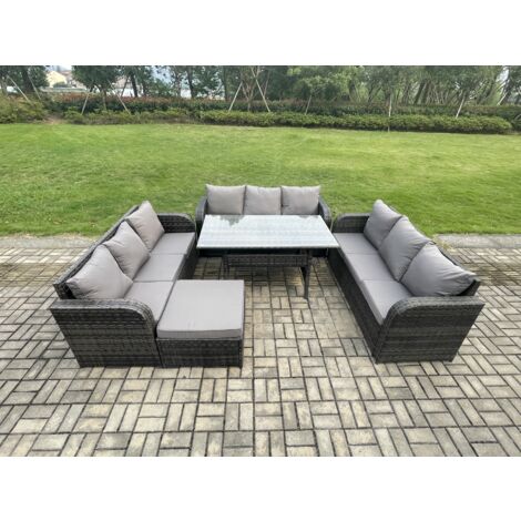 Fimous Rattan Gartenmöbel-Set mit Langer rechteckiger Esstisch Großer Fußhocker 10 Sitzer Outdoor Garten Sofa Set Dunkelgrau gemischt