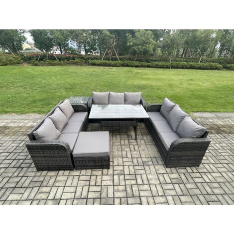 Fimous Rattan Gartenmöbel-Set mit Langer rechteckiger Esstisch Großer Fußhocker Beistelltisch 10 Sitzer Outdoor Garten Sofa Set Dunkelgrau gemischt