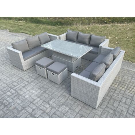 Fimous Rattan Gartenmöbel Set mit Sofa, Höhe verstellbar Esstisch und 2 Hocker,Outdoor Terrassen Essgruppe 6-teilige Sitzgruppe Helles Grau