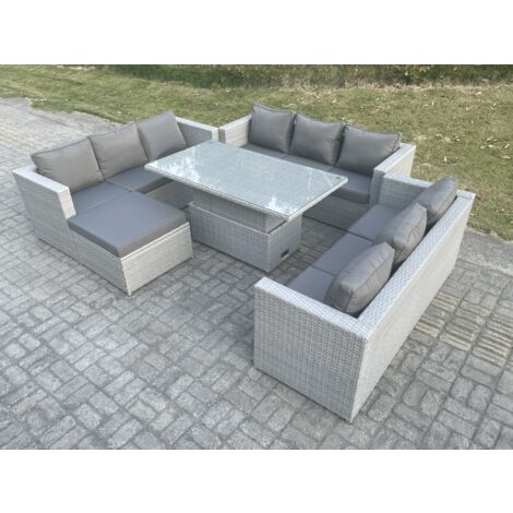Fimous Rattan Gartenmöbel Set mit Sofa, Höhe verstellbar Esstisch und Hocker,Outdoor Terrassen Essgruppe 5-teilige Sitzgruppe Helles Grau