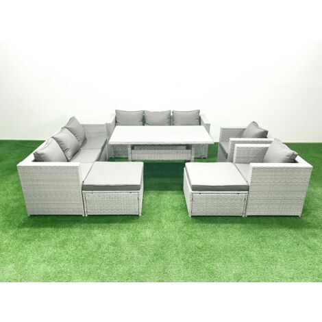 Fimous Rattan Gartenmöbel-Set Outdoor 8 Sitzer mit Esstisch 2 Sesseln 2 Großer Hockern Hellgrau gemischt