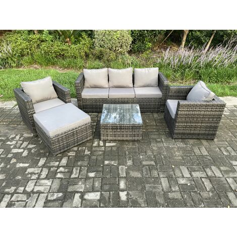 Fimous Rattan Gartenmöbel Set Patio Outdoor Lounge Sofa Set mit 2 Sesseln Quadratischer Couchtisch Großer Fußhocker Dunkelgrau Gemischt