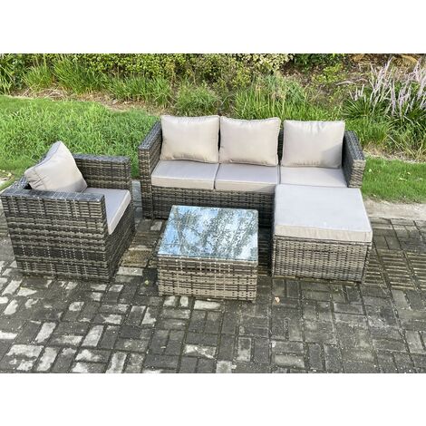 Fimous Rattan Gartenmöbel Set Patio Outdoor Lounge Sofa Set mit Sessel Quadratischer Couchtisch Großer Fußhocker Dunkelgrau Gemischt