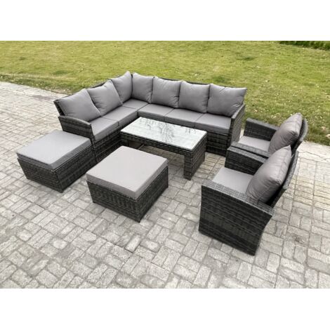 Fimous Rattan Gartenmöbel-Sets Hoher Rücken Ecksofa Länger Couchtisch Set mit 2 Großer Hockern 2 Sesseln Dunkelgrau gemischt