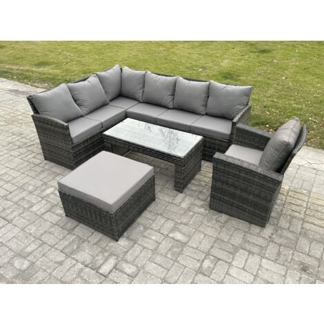 Fimous Rattan Gartenmöbel-Sets Hoher Rücken Ecksofa Länger Couchtisch Set mit Großer Fußhocker Sesseln Dunkelgrau gemischt