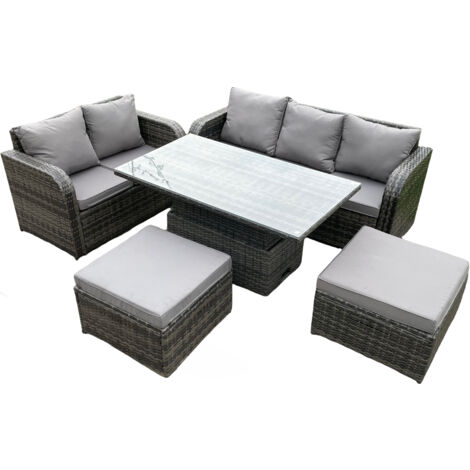Fimous Rattan-Gartenmöbel-Sets im Freien höhenverstellbare aufsteigende Speisetisch-Lounge-Sofa-Set mit 2 großen Fußhocker dunkelgrau gemischt
