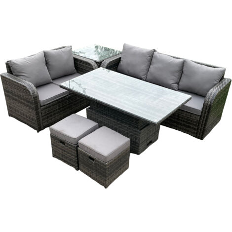 Fimous Rattan-Gartenmöbel-Sets im Freien Höhenverstellbarer aufsteigender Esstisch Lounge-Sofa-Satz mit Beistelltisch 2 Kleine Fußhocker Dunkelgrau gemischt