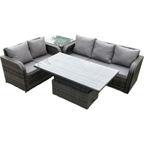 Fimous Rattan-Gartenmöbel-Sets im Freien höhenverstellbarer aufsteigender Esstisch-Lounge-Sofa-Satz mit Beistelltisch dunkelgrau gemischt