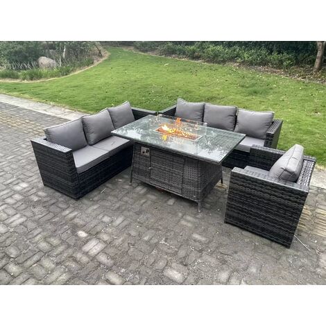Fimous Rattan Gartenmöbel Sofa Set Gas Feuer Grube Esstisch Gas Heizung Brenner mit Sessel 7 Sitzer Dunkelgrau gemischt