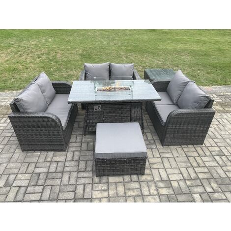 Fimous Rattan Gartenmöbel Sofa Set Gas Feuergrube Esstisch Gasheizung mit Beistelltisch Liebe Sofa Großer Fußhocker Dunkelgrau Gemischt