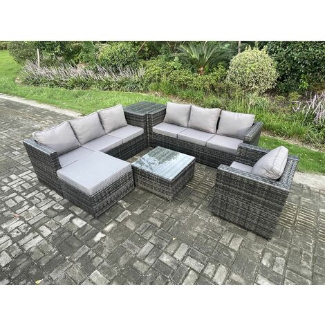 Fimous Rattan Gartenmöbel Sofa Set mit Sessel Beistelltisch Quadratischer Couchtisch Großer Fußhocker Indoor Beistelltisch Outdoor 8-Sitzer Rattan Set Dunkelgrau Gemischt