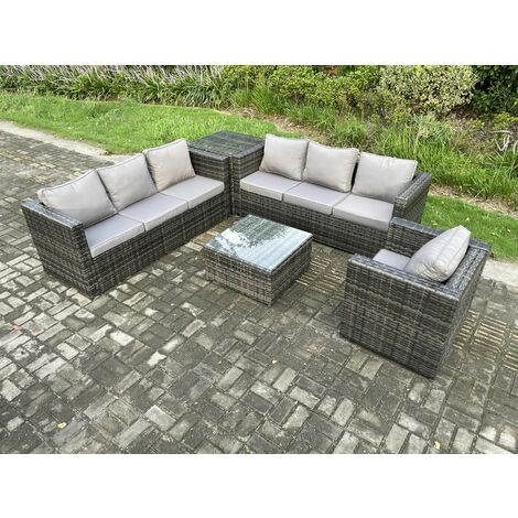 Fimous Rattan Gartenmöbel Sofa Set mit Sessel Quadratischer Couchtisch Beistelltisch Indoor Outdoor 7 Sitzer Rattan Set Dunkelgrau Gemischt