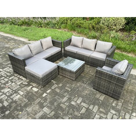 Fimous Rattan Gartenmöbel Sofa Set mit Sessel Quadratischer Couchtisch Großer Hocker Indoor Outdoor 8-Sitzer Rattan Set Dunkelgrau Gemischt