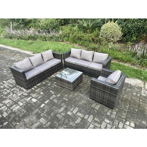 Fimous Rattan Gartenmöbel Sofa Set mit Sessel Quadratischer Couchtisch Indoor Outdoor 7-Sitzer Rattan Set Dunkelgrau Gemischt