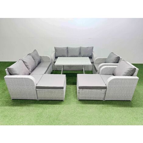 Fimous Rattan High Back Lounge Sofa Set Patio Dining Table & Chairs Set with 3 Seater Sofa 2 Reclining Chairs 2 Big Stool Light Grey