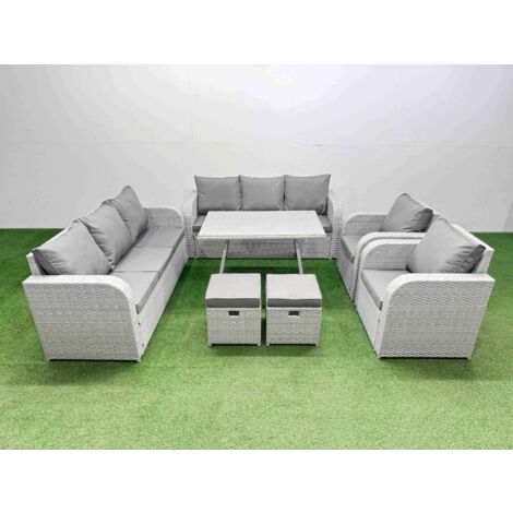 Fimous Rattan High Back Lounge Sofa Set Patio Dining Table & Chairs Set with 3 Seater Sofa 2 Reclining Chairs 2 Small Stool Light Grey