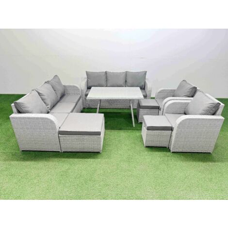 Fimous Rattan High Back Lounge Sofa Set Patio Dining Table & Chairs Set with 3 Seater Sofa 2 Reclining Chairs 3 Stool Light Grey