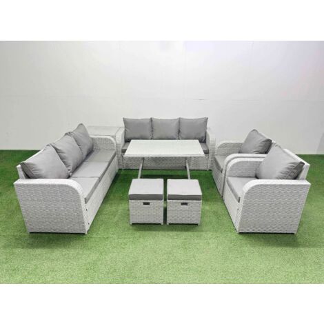 Fimous Rattan High Back Lounge Sofa Set Patio Dining Table & Chairs Set with 3 Seater Sofa 2 Reclining Chairs Side Table 2 Small Stool Light Grey