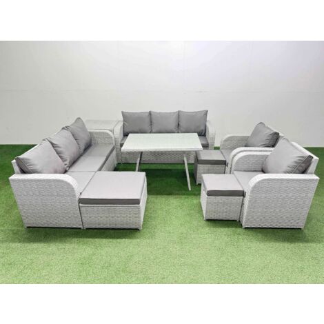 Fimous Rattan High Back Lounge Sofa Set Patio Dining Table & Chairs Set with 3 Seater Sofa 2 Reclining Chairs Side Table 3 Stool Light Grey