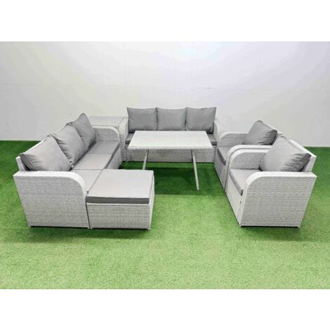 Fimous Rattan High Back Lounge Sofa Set Patio Dining Table & Chairs Set with 3 Seater Sofa 2 Reclining Chairs Side Table Big Stool Light Grey