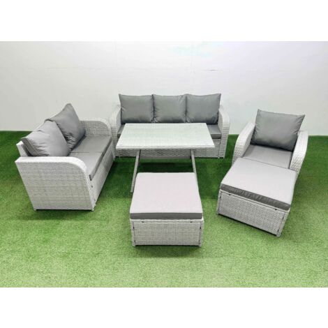 Fimous Rattan High Back Lounge Sofa Set Patio Dining Table & Chairs Set with 3 Seater Sofa Reclining Chair 2 Big Stool Light Grey