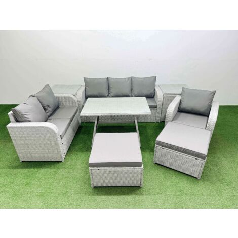 Fimous Rattan High Back Lounge Sofa Set Patio Dining Table & Chairs Set with 3 Seater Sofa Reclining Chair 2 Side Tables 2 Big Stool Light Grey