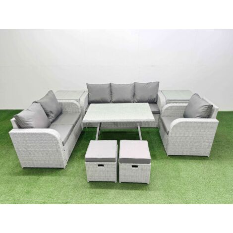 Fimous Rattan High Back Lounge Sofa Set Patio Dining Table & Chairs Set with 3 Seater Sofa Reclining Chair 2 Side Tables 2 Small Stool Light Grey
