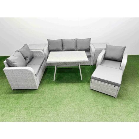 Fimous Rattan High Back Lounge Sofa Set Patio Dining Table & Chairs Set with 3 Seater Sofa Reclining Chair 2 Side Tables Big Stool Light Grey