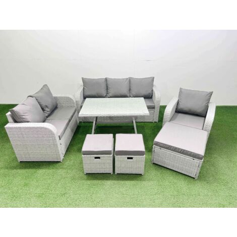 Fimous Rattan High Back Lounge Sofa Set Patio Dining Table & Chairs Set with 3 Seater Sofa Reclining Chair 3 Stool Light Grey