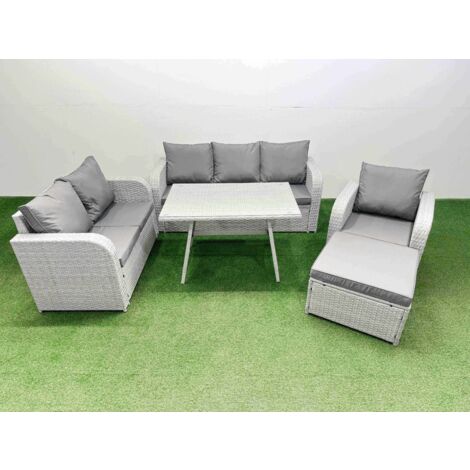 Fimous Rattan High Back Lounge Sofa Set Patio Dining Table & Chairs Set with 3 Seater Sofa Reclining Chair Big Stool Light Grey