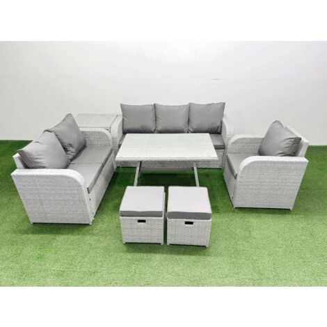 Fimous Rattan High Back Lounge Sofa Set Patio Dining Table & Chairs Set with 3 Seater Sofa Reclining Chair Side Table 2 Small Stool Light Grey