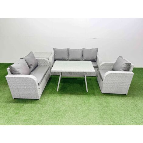 Fimous Rattan High Back Lounge Sofa Set Patio Dining Table & Chairs Set with 3 Seater Sofa Reclining Chair Side Table Light Grey