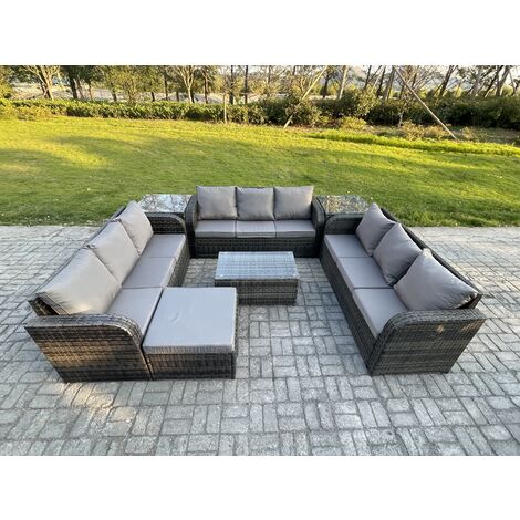 Fimous Rattan Lounge Sofa Set 10 Seater Outdoor Garden Furniture Set with Rectangular Coffee Table 3 Seater Sofa 2 Side Tables Big Footstool Dark Grey Mixed