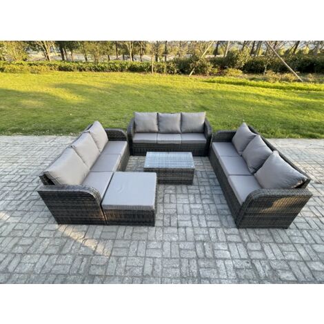 Fimous Rattan Lounge Sofa Set 10-Sitzer Gartenmöbel-Set mit Rechteckiger Couchtisch 3-Sitzer Sofa 2 Großer Hockern Dunkelgrau Gemischt